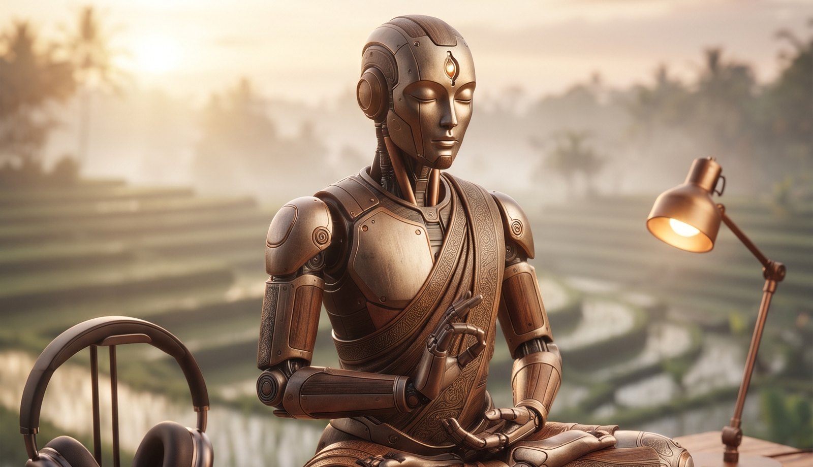 Robot in zen-houding op een houten bureau met koptelefoon en slimme gadgets