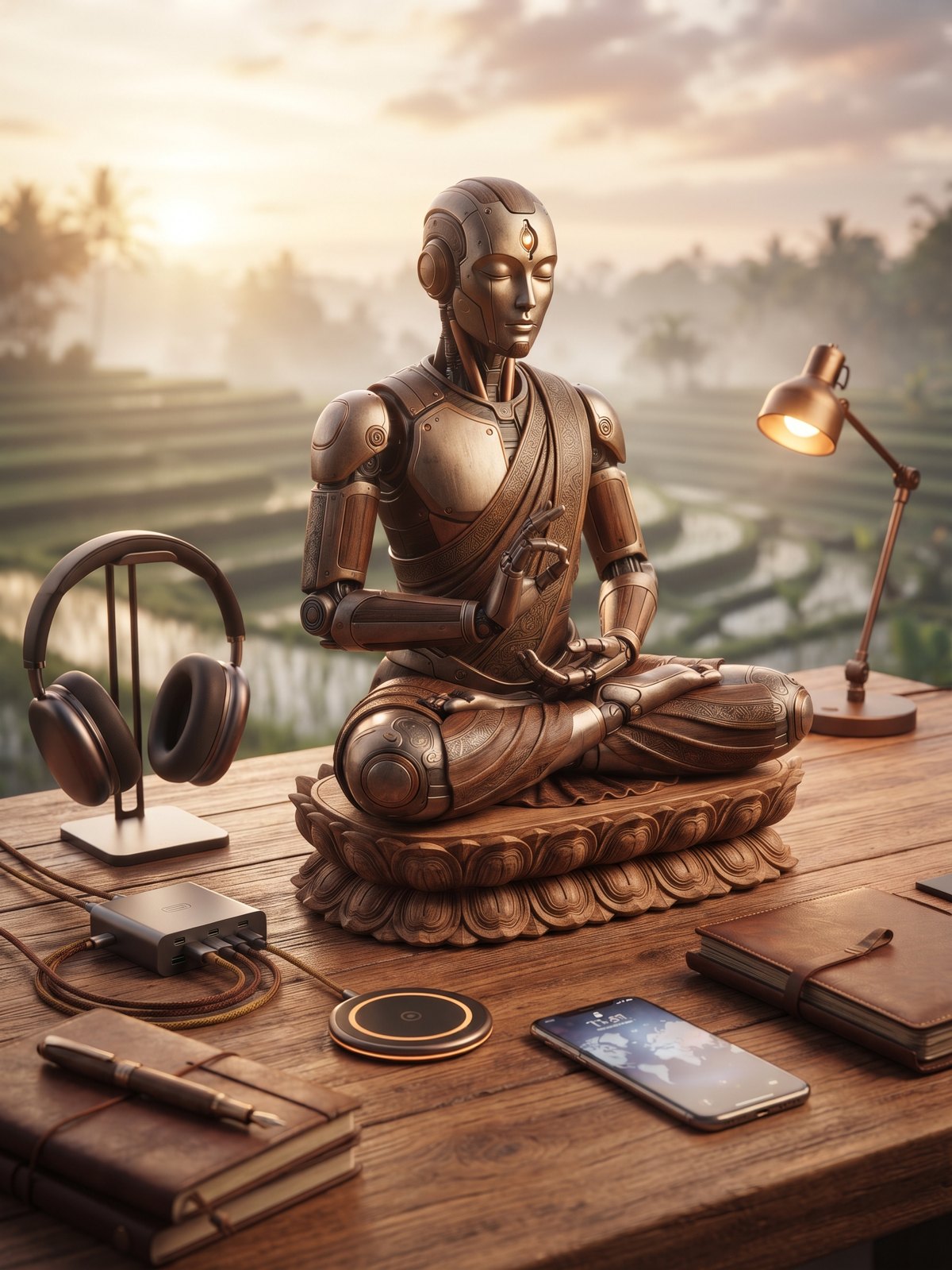 Robot in zen-houding op een houten bureau met koptelefoon en slimme gadgets