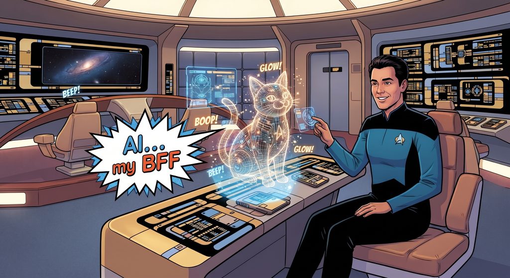 Cartoon van een man op een sciencefictionbrug die een holografische kat aanraakt, met de tekstballon: AI… my BFF